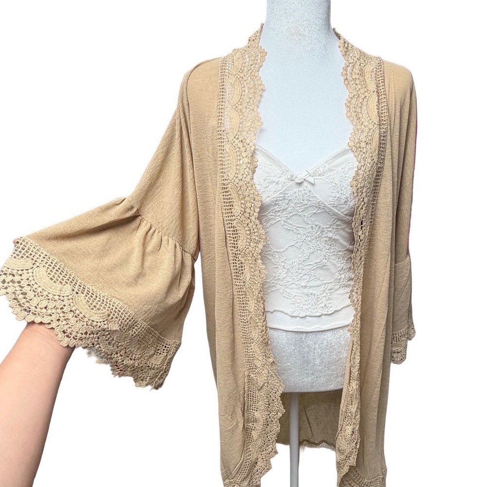 Boho Crochet Khaki Lace Medium Flowy Kimono Open Bell Sleeve Fairy Festival